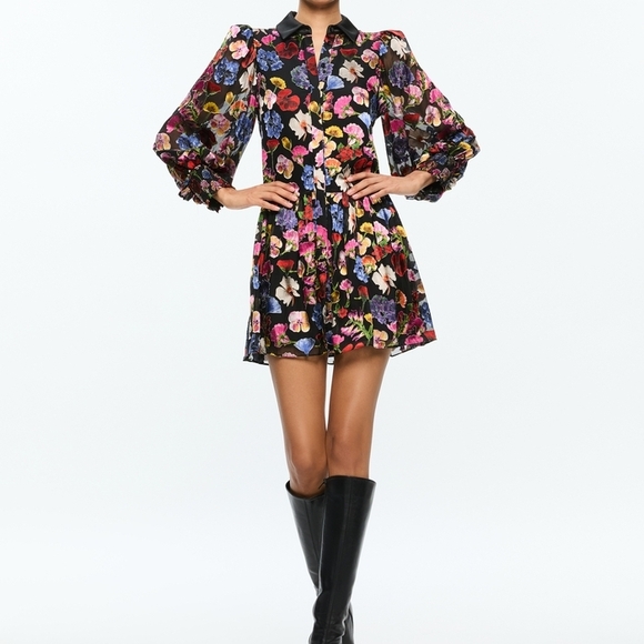 Alice + Olivia Multicolor Floral Long Sleeve BERTHA MINI SHIRT DRESS - Picture 5 of 12